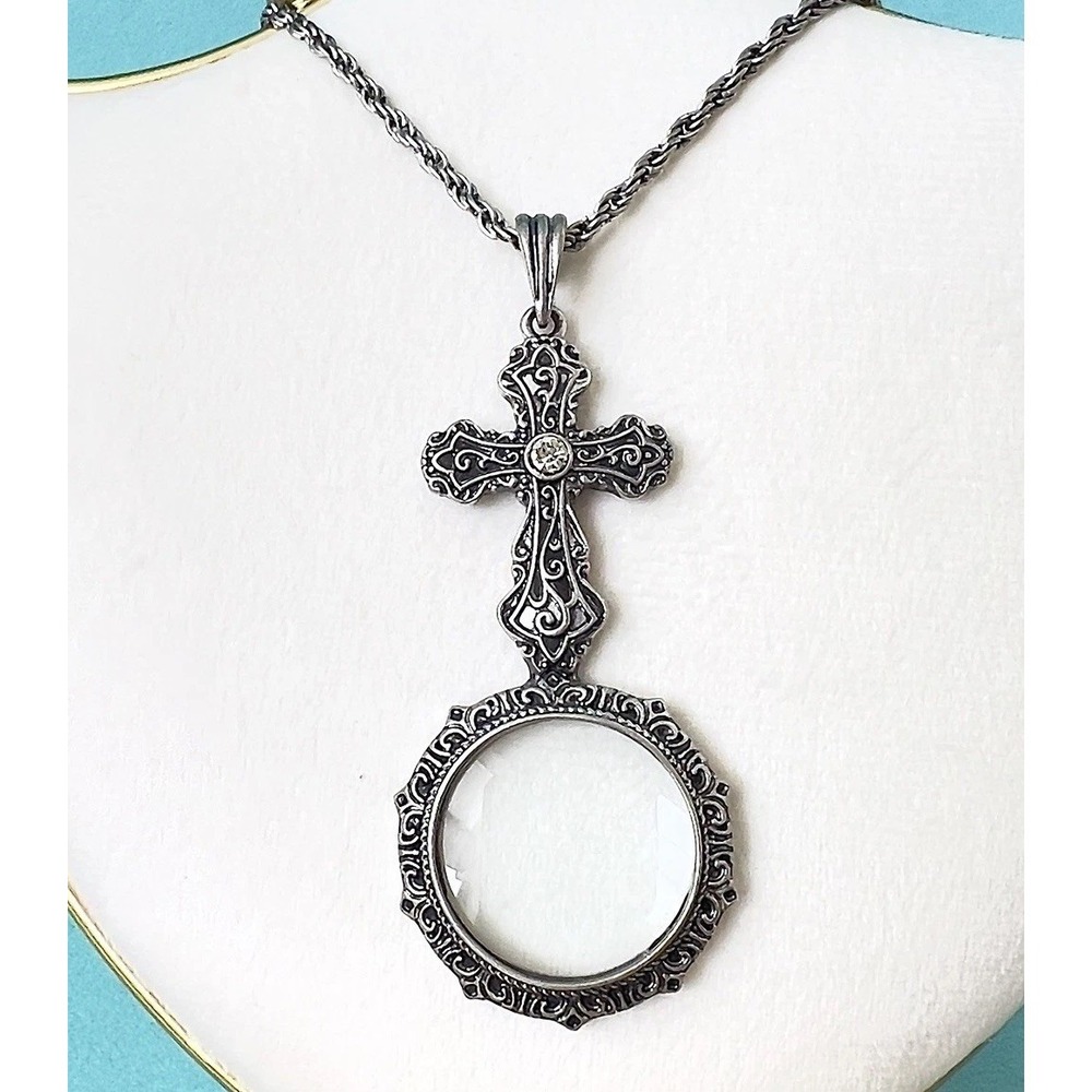 Vintage Cross Magnifying Glass Pendant Necklace Silver Tone Filigree 27in Gothic
